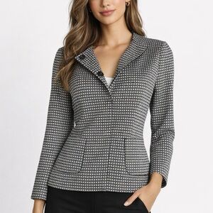 ANN TAYLOR Basket Weave Print Collarless Blazer Snap Button Jacket Black S